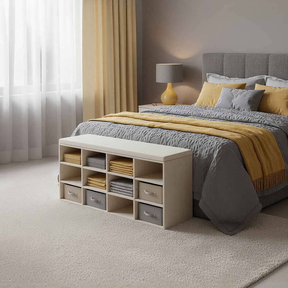 Skobänk 104 cm med sittdyna och 12 förvaringsfack - Beige