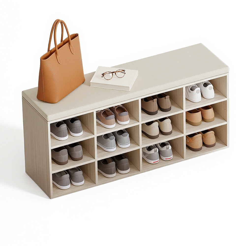 Skobänk 104 cm med sittdyna och 12 förvaringsfack - Beige