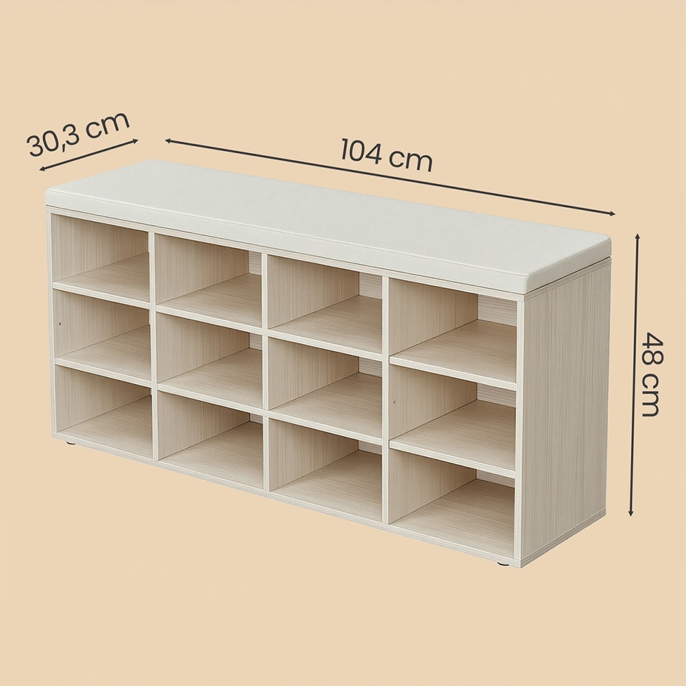 Skobänk 104 cm med sittdyna och 12 förvaringsfack - Beige