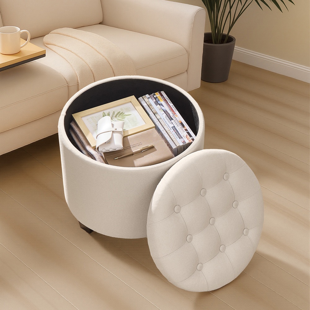 Rund sittpuff 45 x 45 x 44,5 cm med förvaring - Ljusbeige
