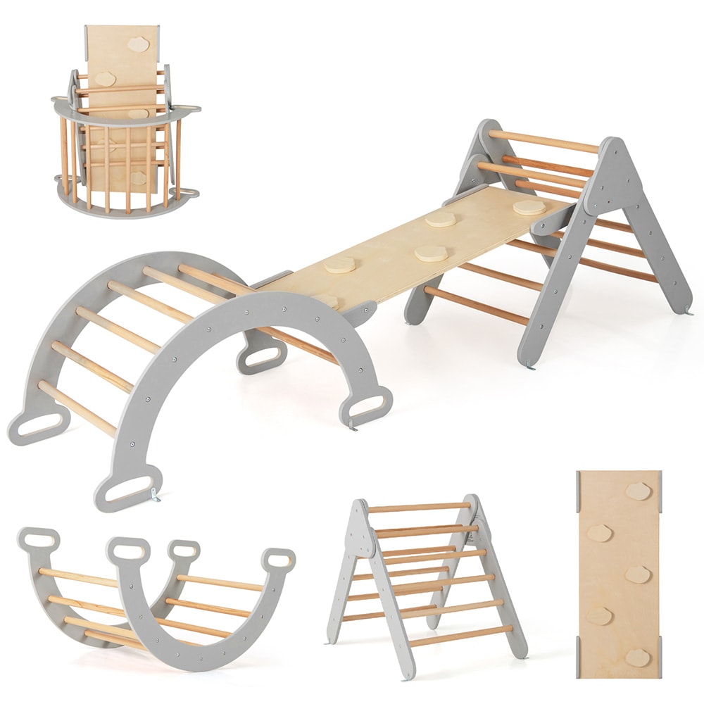 3-i-1-klätterställning för barn i trä med ramp och stegar - Grå