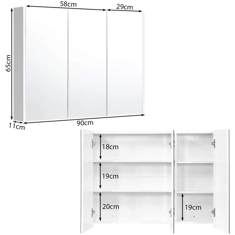 Spegelskåp till badrum med tre spegeldörrar och sex fack - 90x65cm