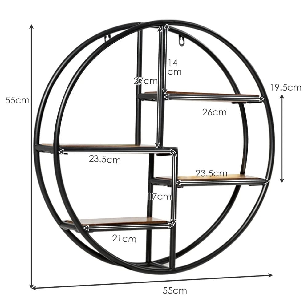 Rund vägghylla i trä och metall med fyra hyllplan - 55cm Trä/Svart
