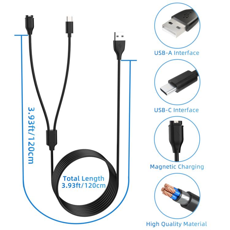 Ladekabel for Garmin Fenix 8 med USB-C 1,2 m - Svart