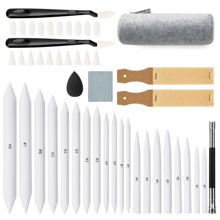 Ritverktygsset med stompfer, skisskrapor, suddgummi och sandpapper för konstnärer och nybörjare