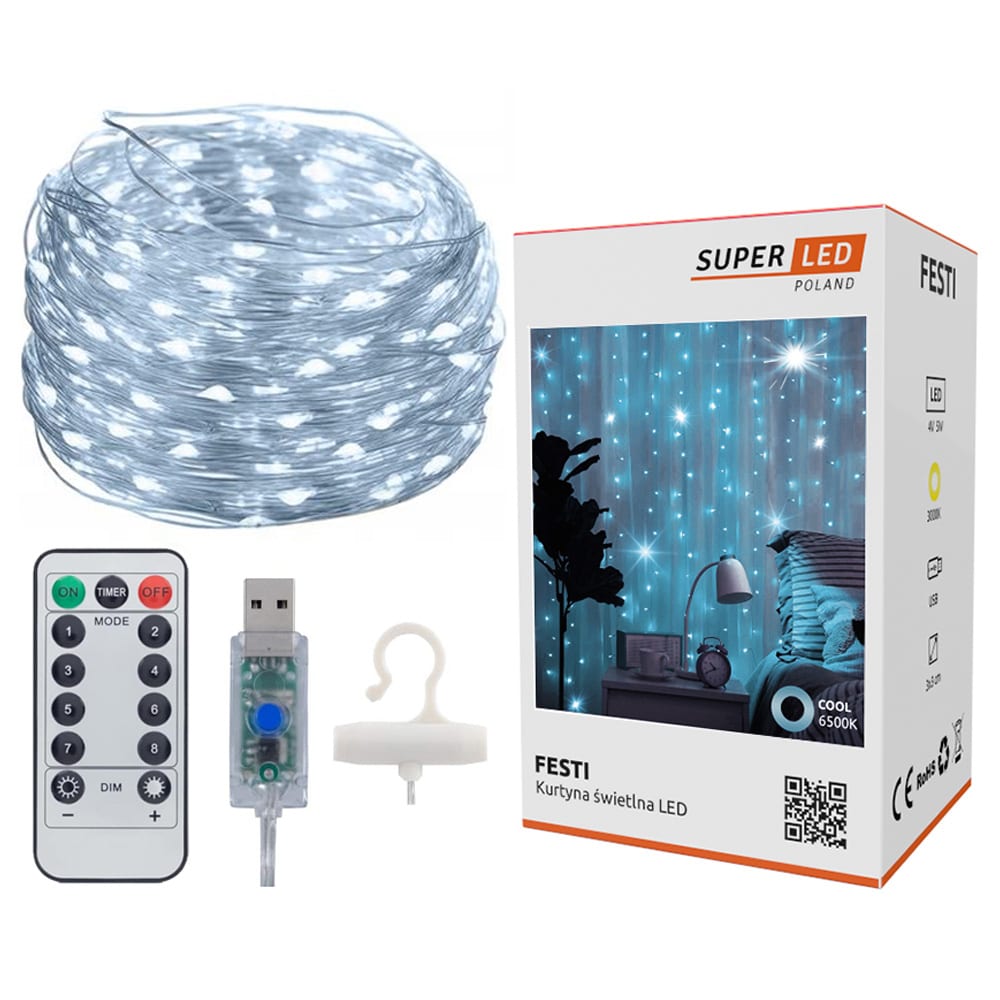 LED gardin 3 x 3 m med 300 lysdioder, USB och fjärrkontroll