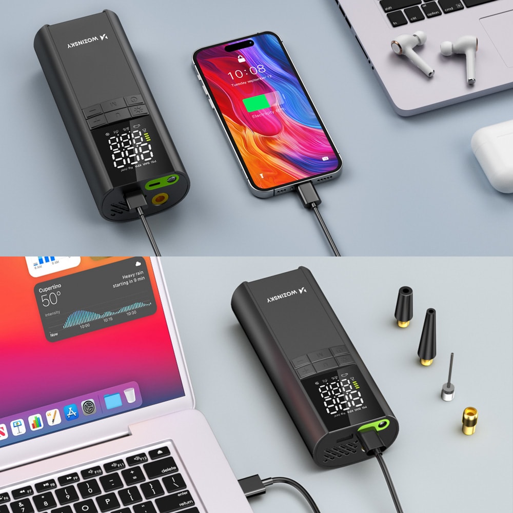 Wozinsky WPEP-8000 -kompressori ja sähköinen ilmapumppu, jossa on 8000 mAh:n varavirtalähde