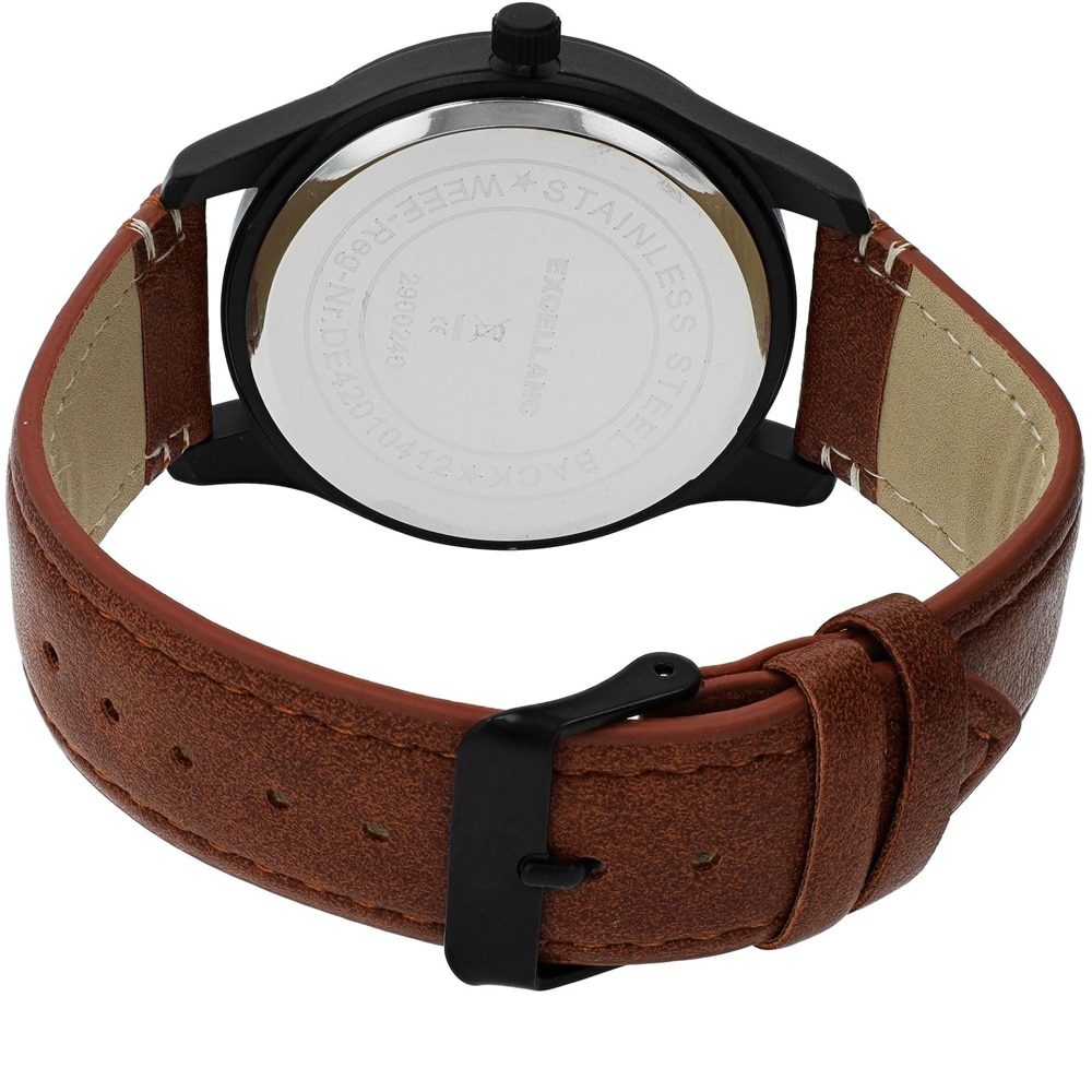 Excellanc Herrklocka 44 mm – svart med brunt konstläderarmband