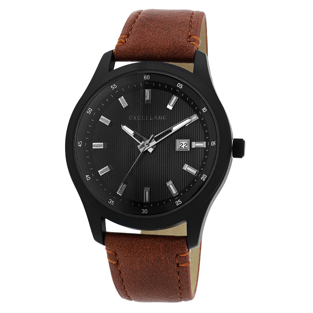 Excellanc Herrklocka 44 mm – svart med brunt konstläderarmband