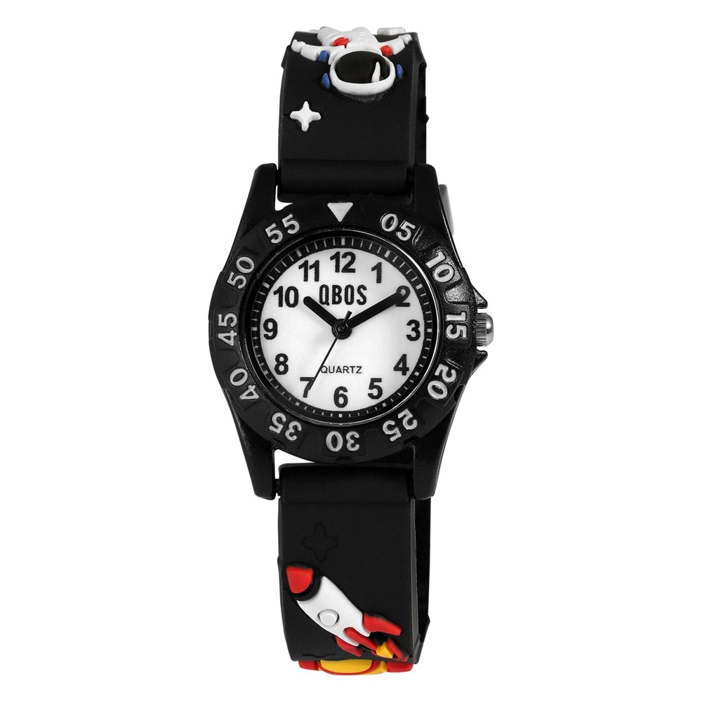 QBOS barnklocka med silikonarmband / Svart armbandsur med rymdmotiv
