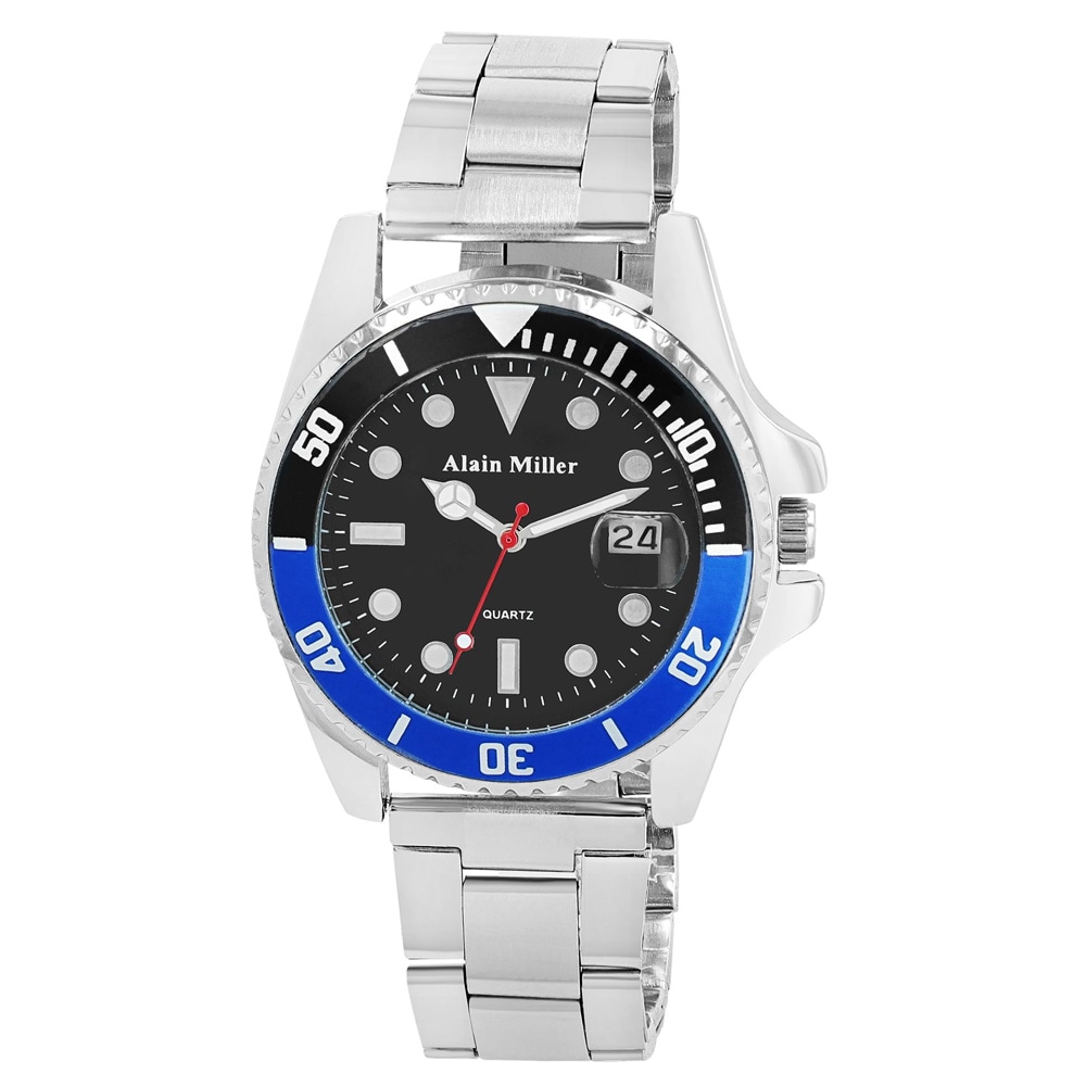 Alain Miller herrklocka i rostfritt stål / Armbandsur med datum - silver/svart/blå