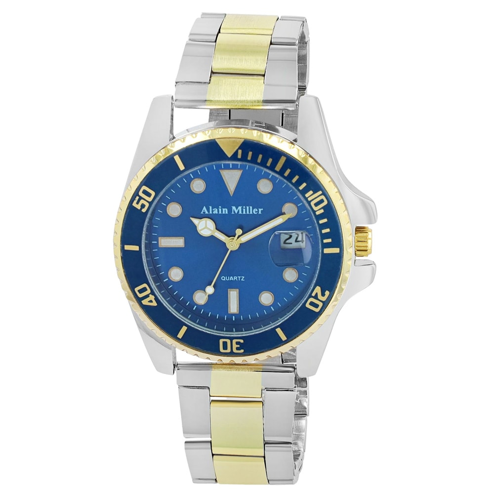 Alain Miller Herrklocka i rostfritt stål / Armbandsur med datum - Silver/Guld/Blå
