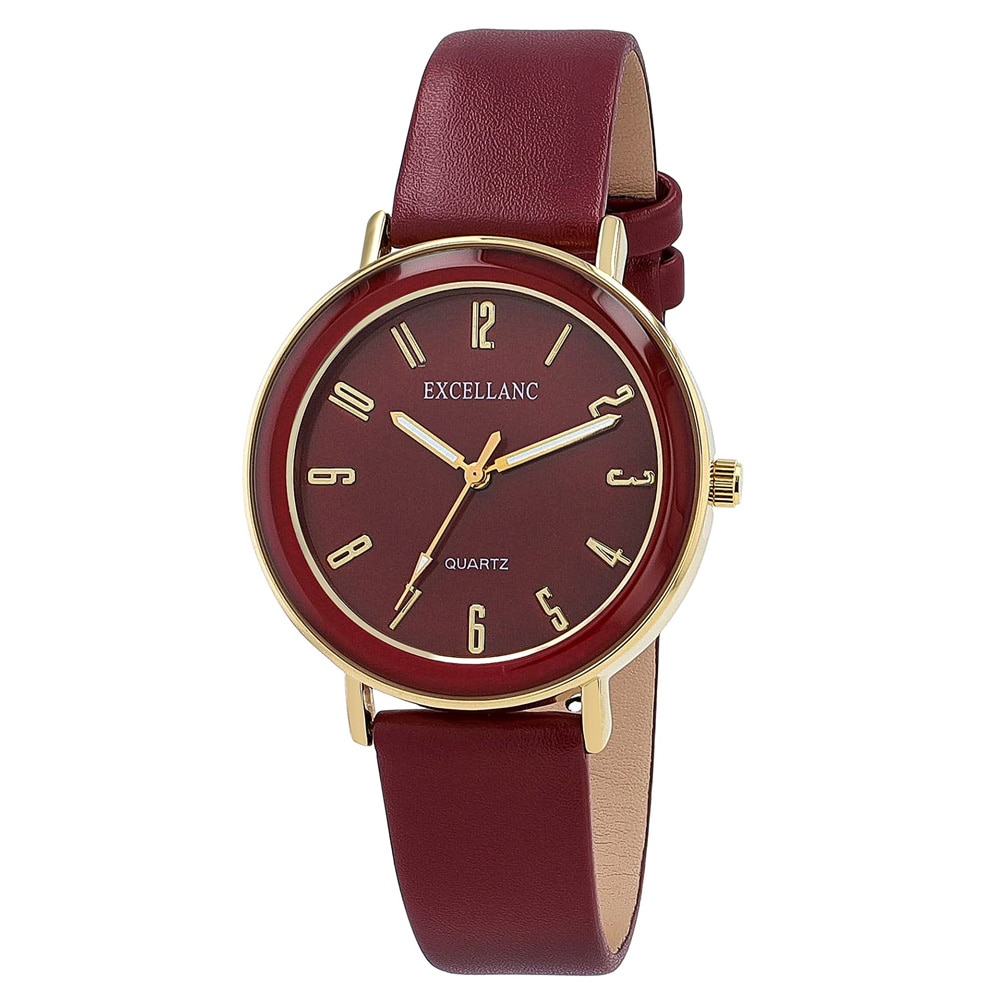 Excellanc Damklocka med konstläderrem / Armbandsklocka / Armbandsur – Vinröd/guld