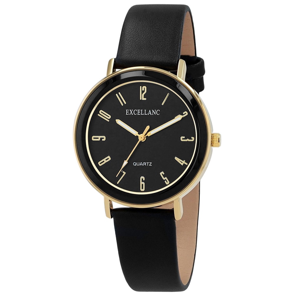 Excellanc Damklocka med konstläderrem / Armbandsklocka / Armbandsur - Svart/Guld
