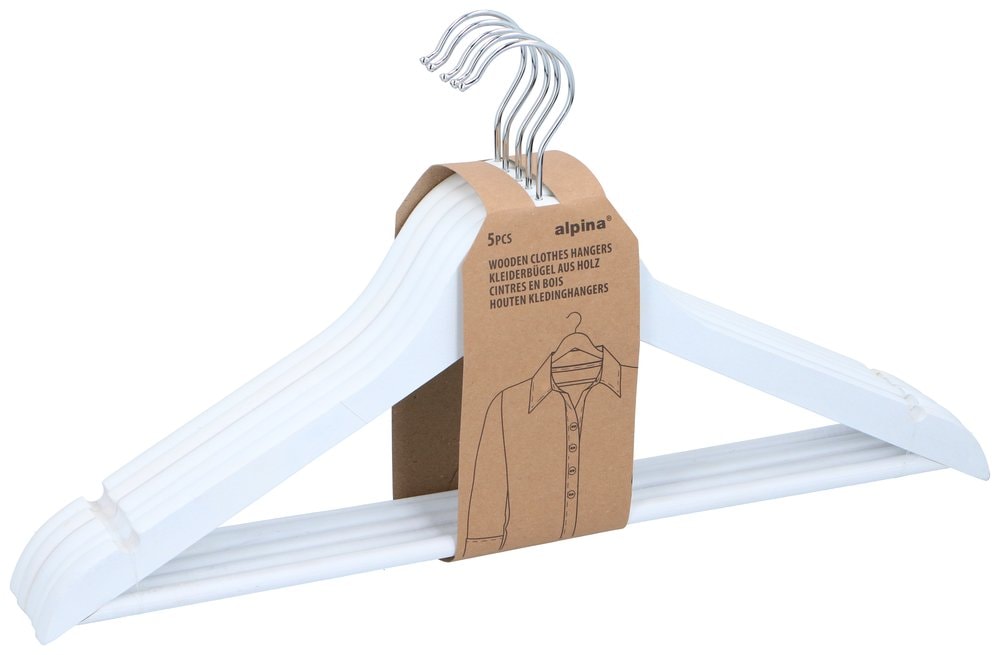 Alpina trägalgar 5-pack / klädhängare i trä / galgar för garderob - Vit