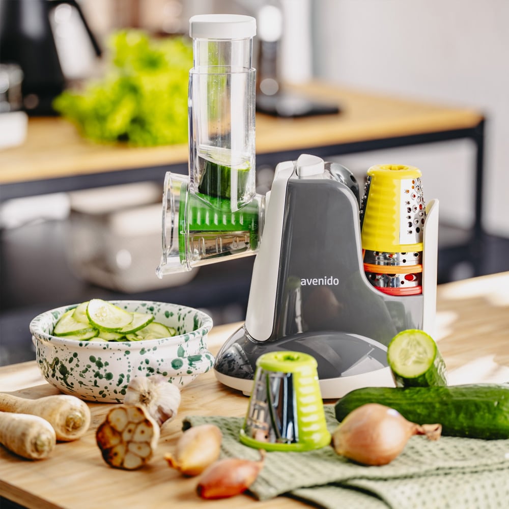 Elektrisk grönsaksskärare 5-i-1 – rivjärn, skivare och matberedare / multifunktionell köksmaskin