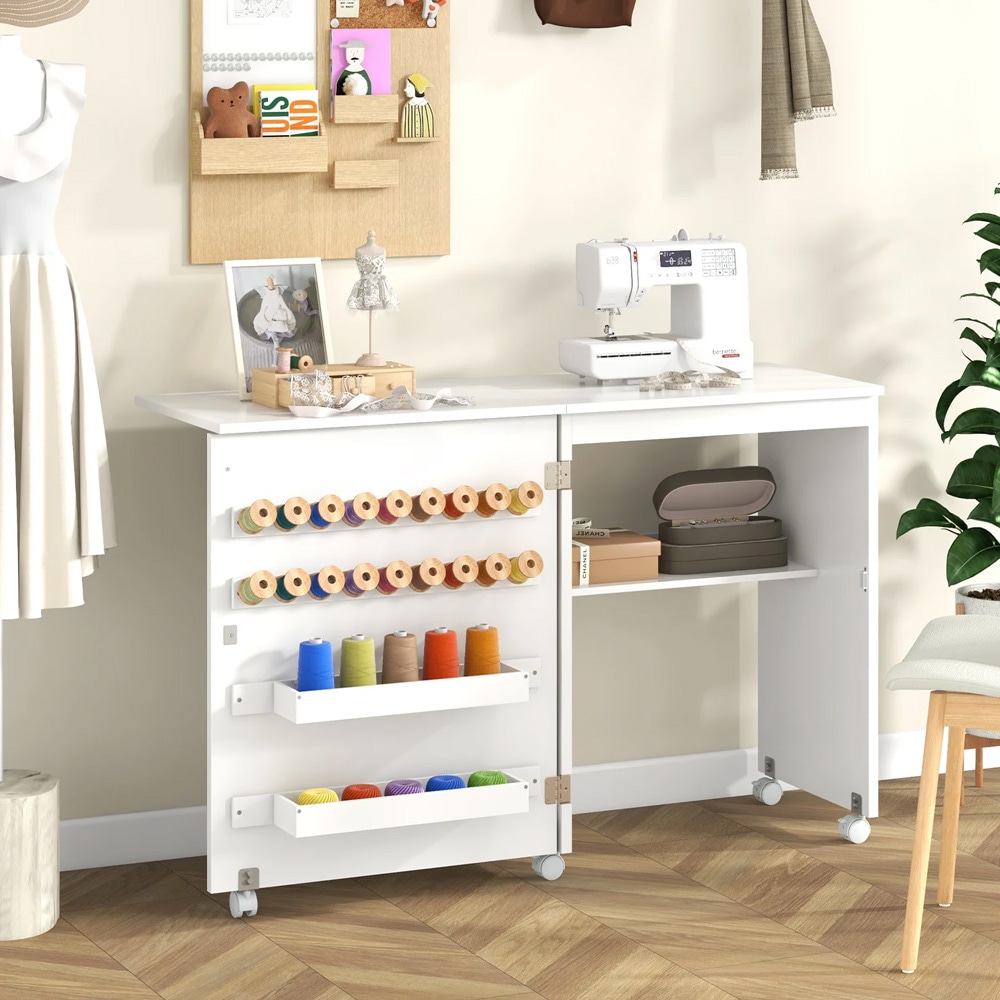 Hopfällbart sybord med förvaring och hjul / Syskåp - Vit