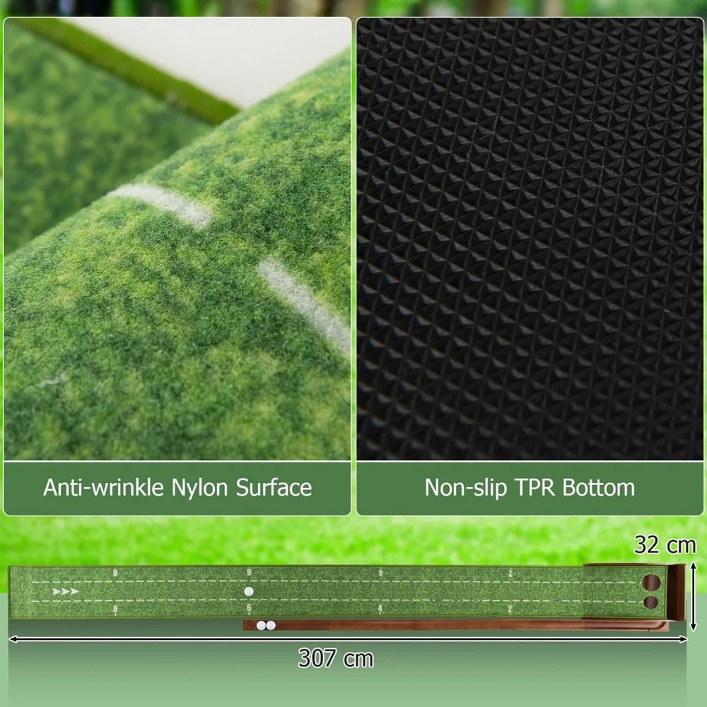 Puttmatte golf 3 m med ballretur – golftreningsmatte med 2 hullstørrelser