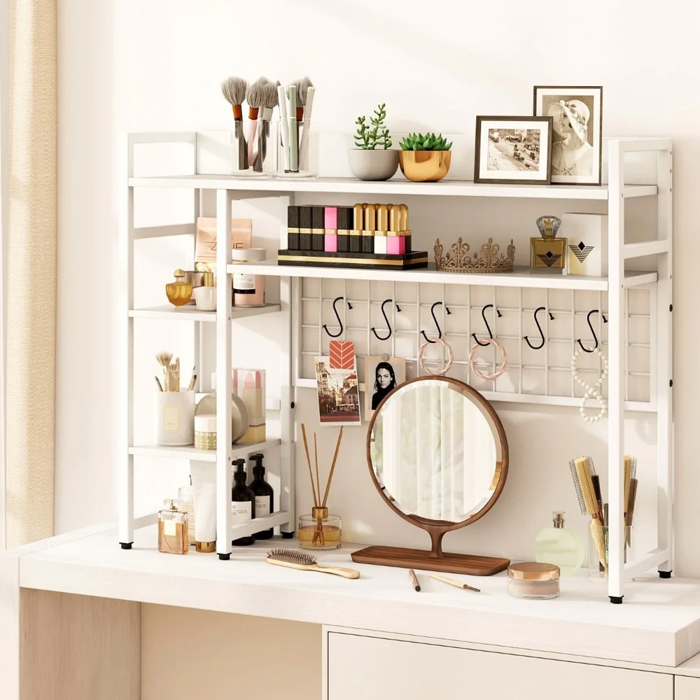 Vit Skrivbordshylla – skärmställ, desktop organizer och förvaringshylla med krokar