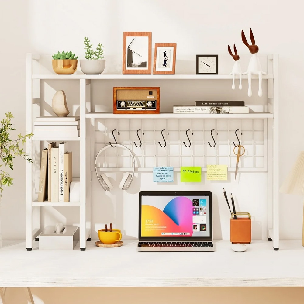 Vit Skrivbordshylla – skärmställ, desktop organizer och förvaringshylla med krokar