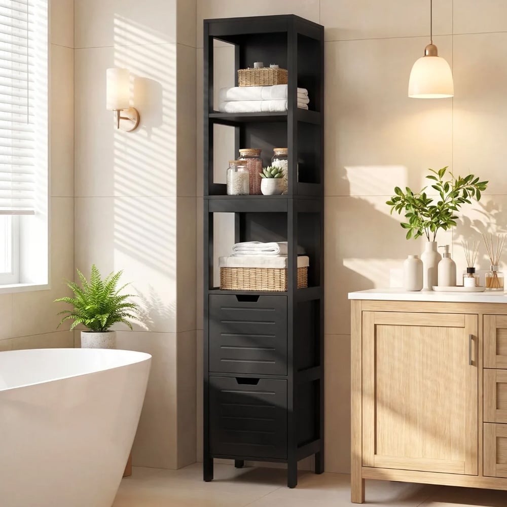 Smalt badrumsskåp / högskåp badrum / skåp med lådor och öppna hyllor – Svart