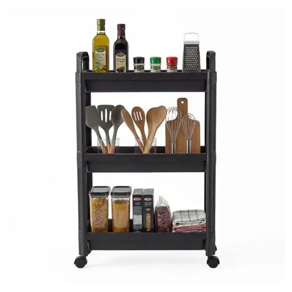 Rullvagn 3 plan med hjul – badrumshylla / förvaringshylla / mobil hylla - Svart