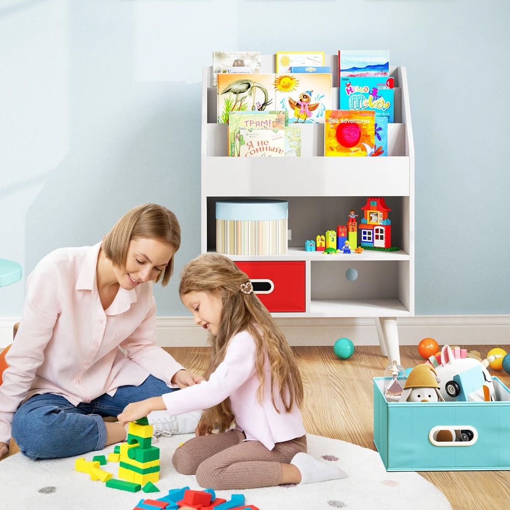 Barnrumsmöbel med bokhylla och lådor – barnbokhylla / leksaksförvaring / vit barnmöbel