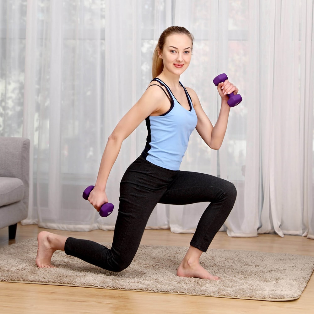 Hantlar neopren 2 kg 2-pack - Lila / sexkantiga hantlar styrketräning / hantelset hemmaträning ergonomiskt grepp