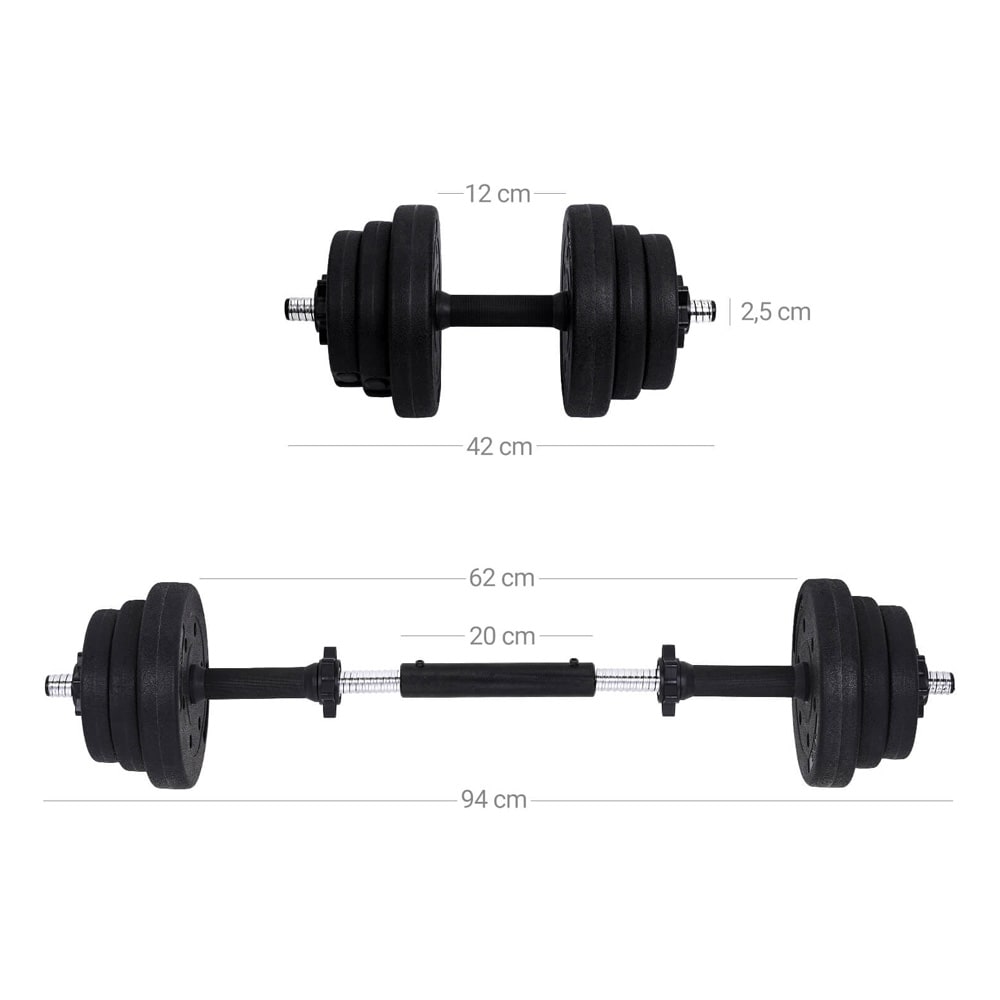 Justerbart manualsett 30 kg / 2-i-1 håndvekter og vektstang / styrketreningssett med vektskiver