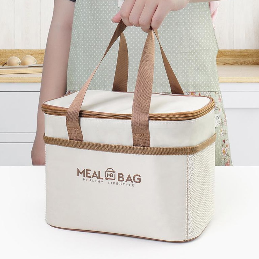 Kylväska stor - Beige / isolerad lunchväska / termisk matväska för lunchlådor / stor lunchbag för arbete och utflykter
