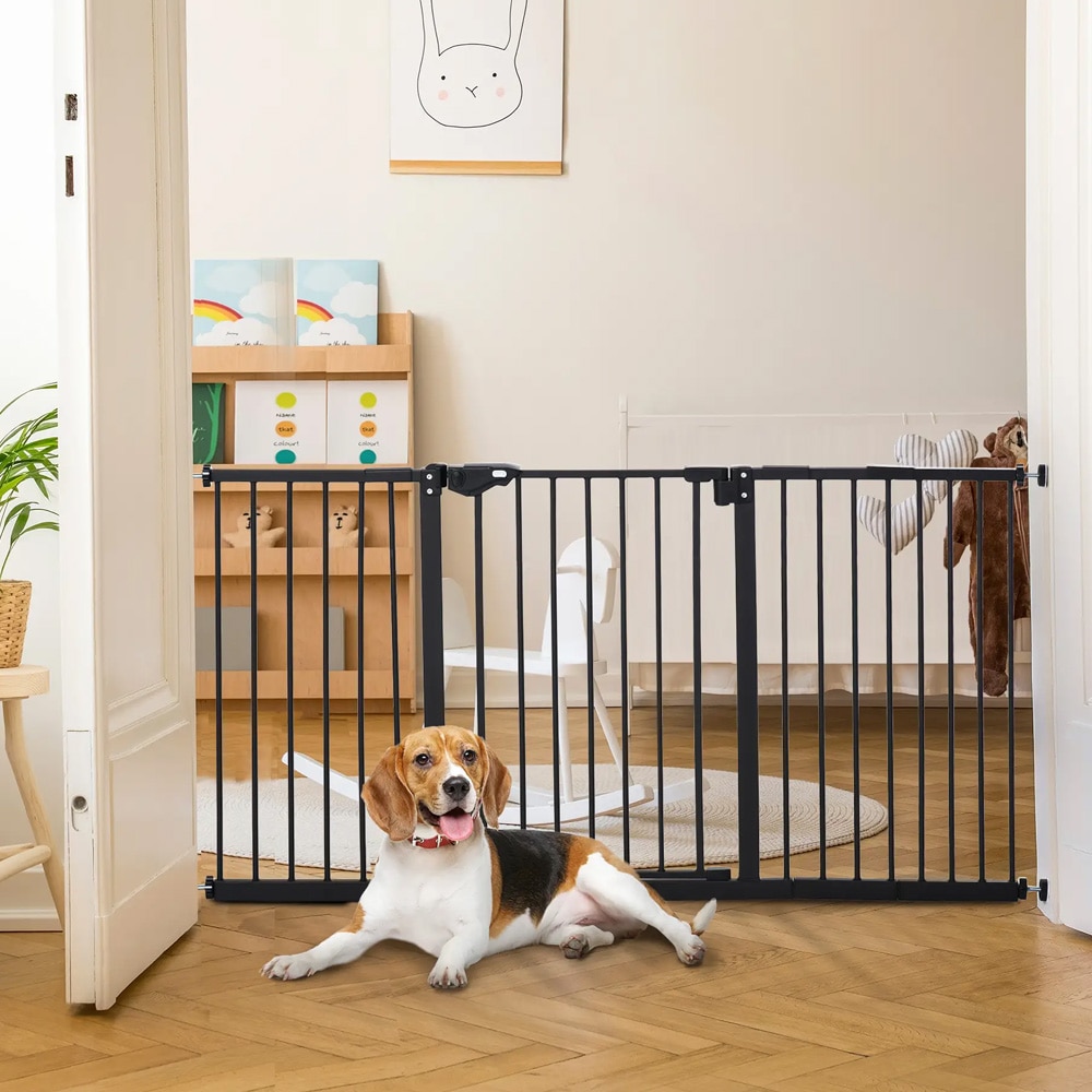 Säkerhetsgrind i metall för husdjur / trappgrind utan borrning / justerbar grind 74–147,5 cm - Svart