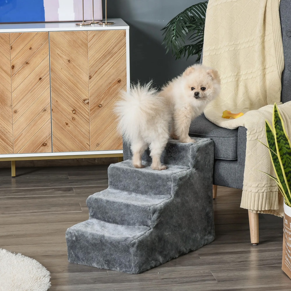 Hundtrappa med 4 steg / husdjurstrappa för säng och soffa / trappa för små och äldre hundar - Ljusgrå