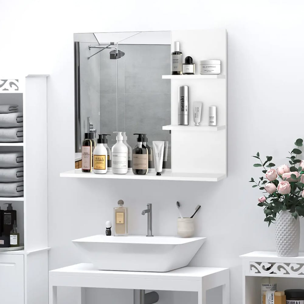Badrumsspegel med hyllor / väggmonterad spegel med förvaring / spegelskåp med 3 öppna hyllor - Vit