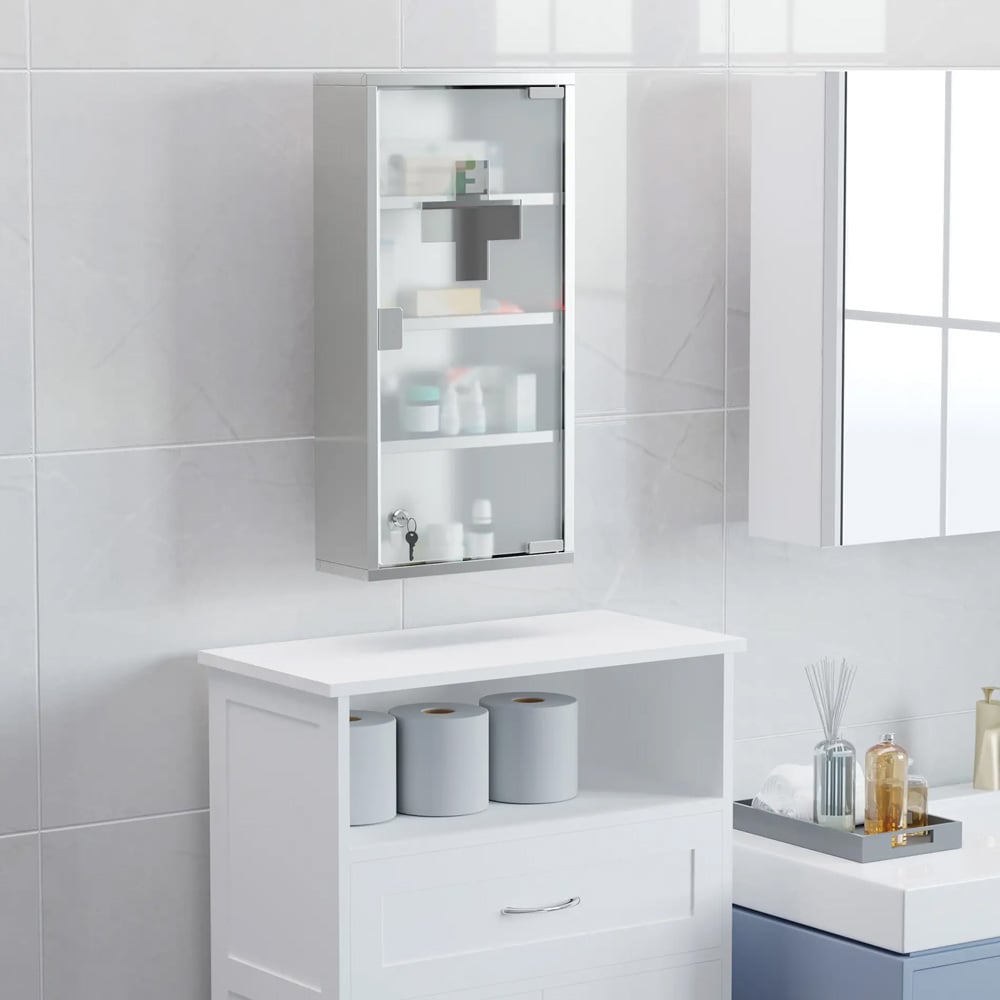 Medicinskåp i rostfritt stål / låsbart badrumsskåp / apoteksskåp med frostad glasdörr