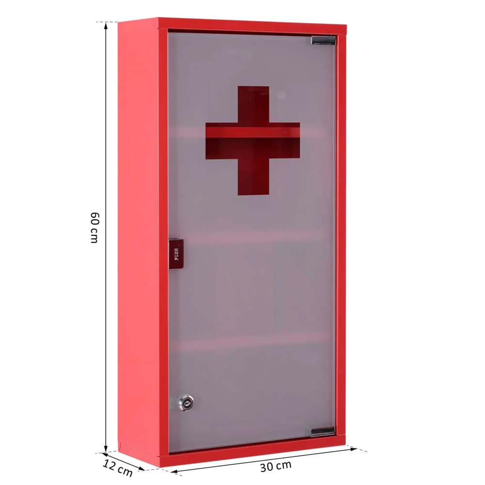 Medicinskåp i stål med frostad glasdörr / låsbart apoteksskåp / väggskåp med 4 hyllor - Röd