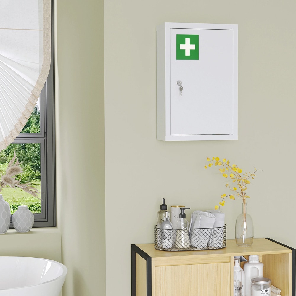 Låsbart medicinskåp med 3 hyllor / väggmonterat apoteksskåp i stål / badrumsskåp för mediciner - Vit