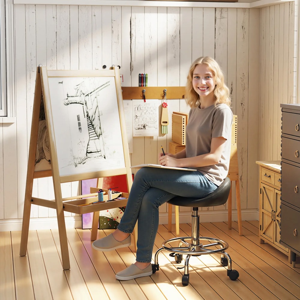 Höj- och sänkbar arbetsstol med hjul 59–75 cm / salongsstol med ryggstöd / sittpall