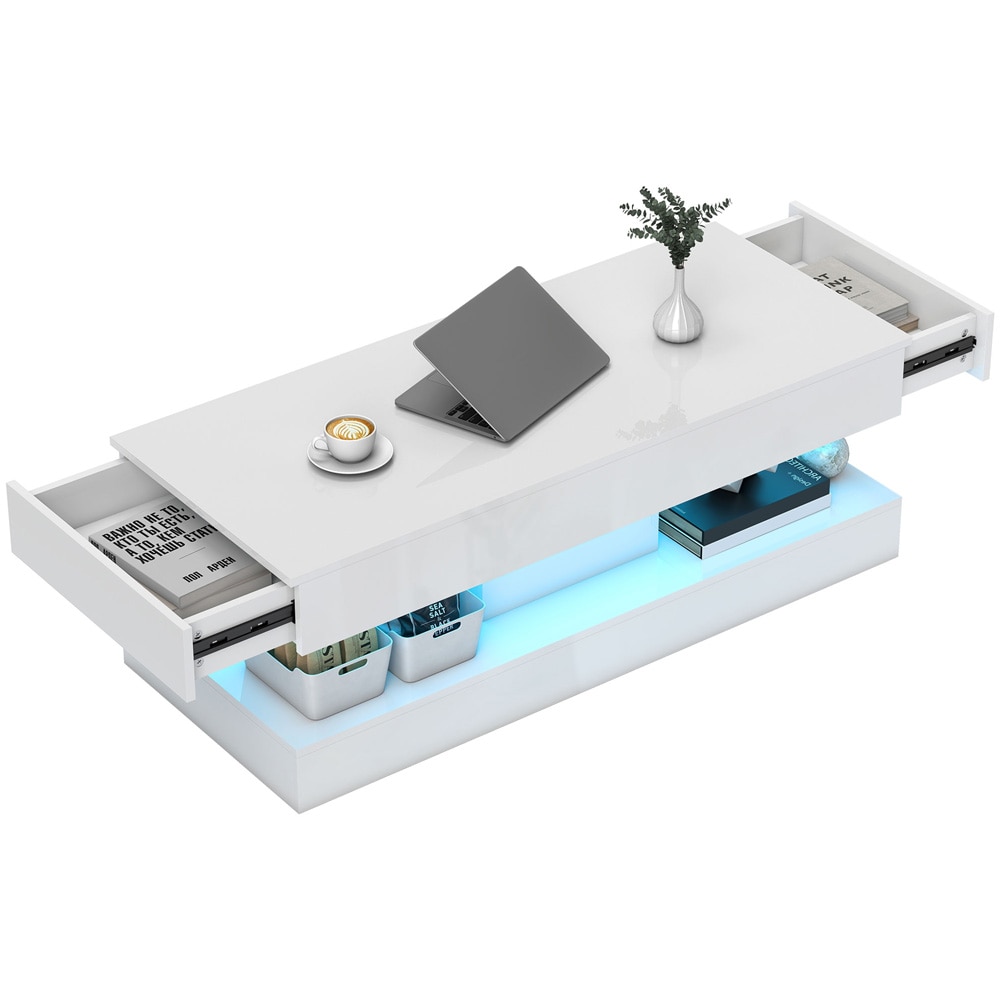 Soffbord med LED-belysning - vitt vardagsrumsbord / salongsbord med lådor