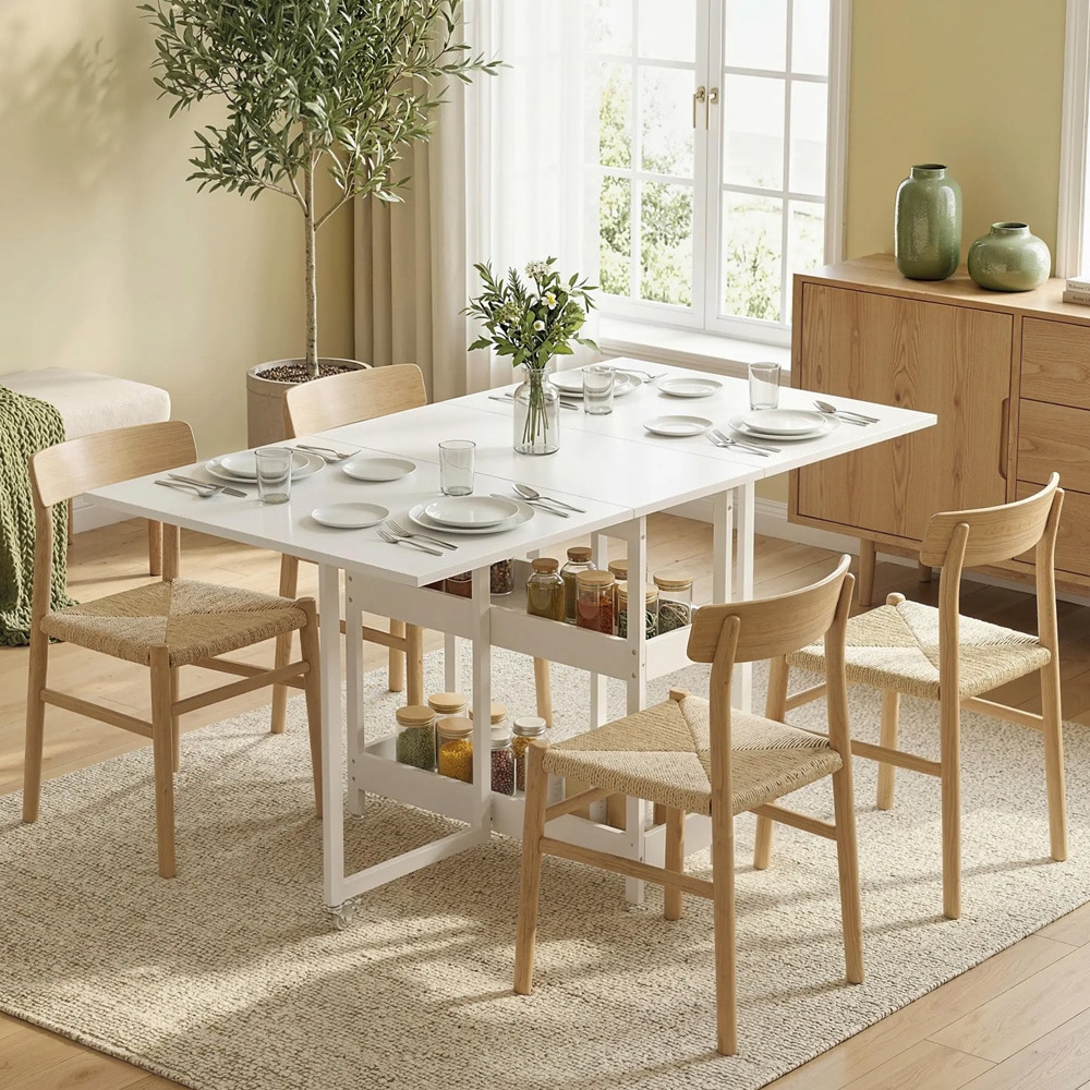 Klaffbord med hjul och hyllor - hopfällbart matbord / vitt köksbord med klaff / slagbord