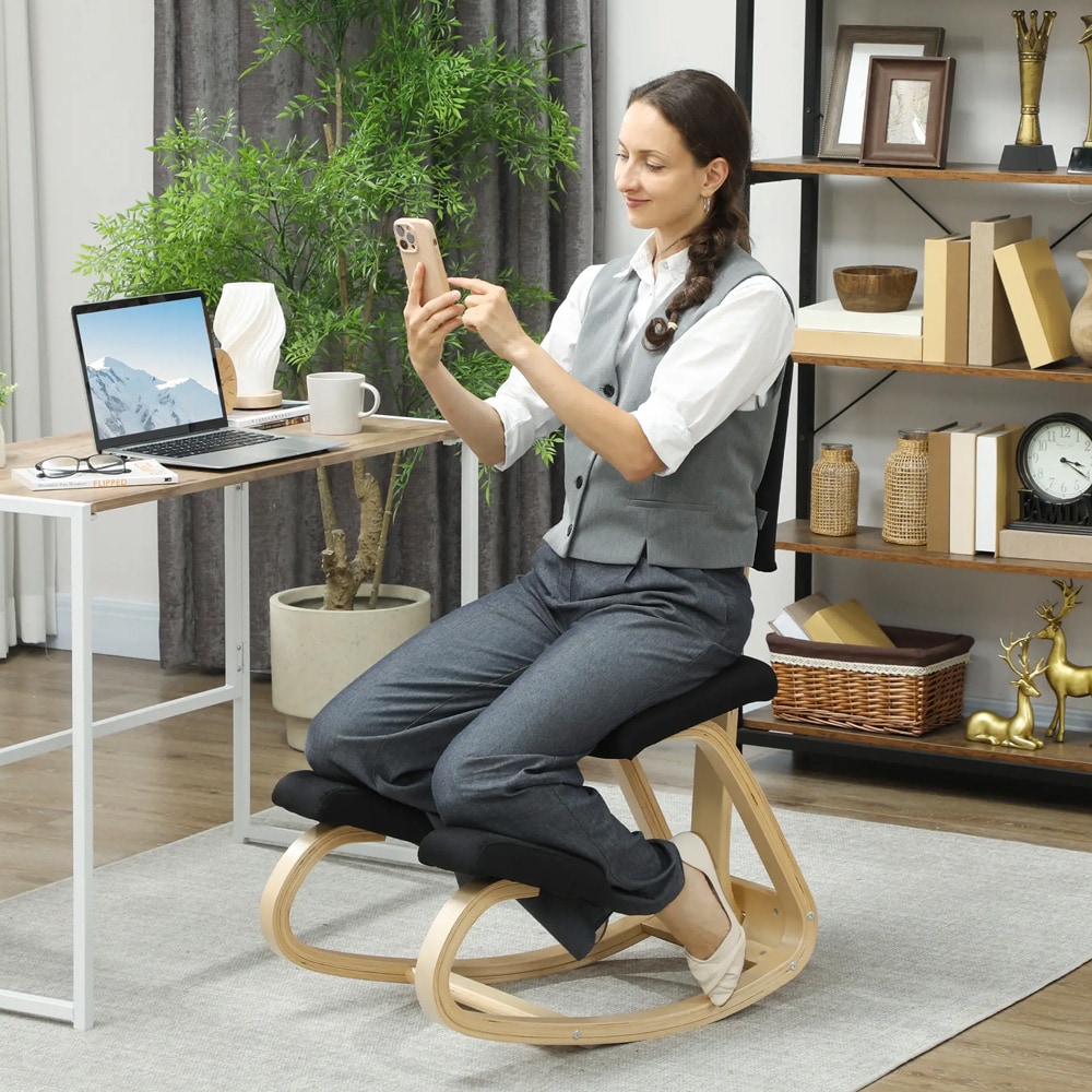 Ergonomisk knästol med ryggstöd och gungfunktion - kontorsstol / balansstol i svart
