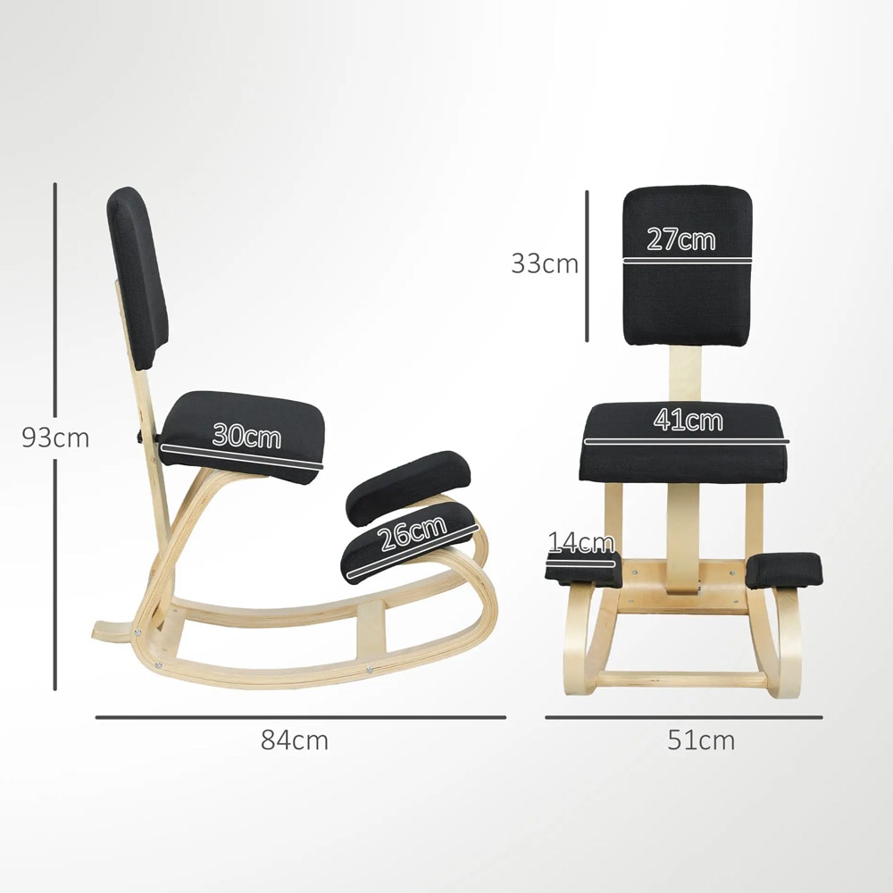 Ergonomisk knästol med ryggstöd och gungfunktion - kontorsstol / balansstol i svart