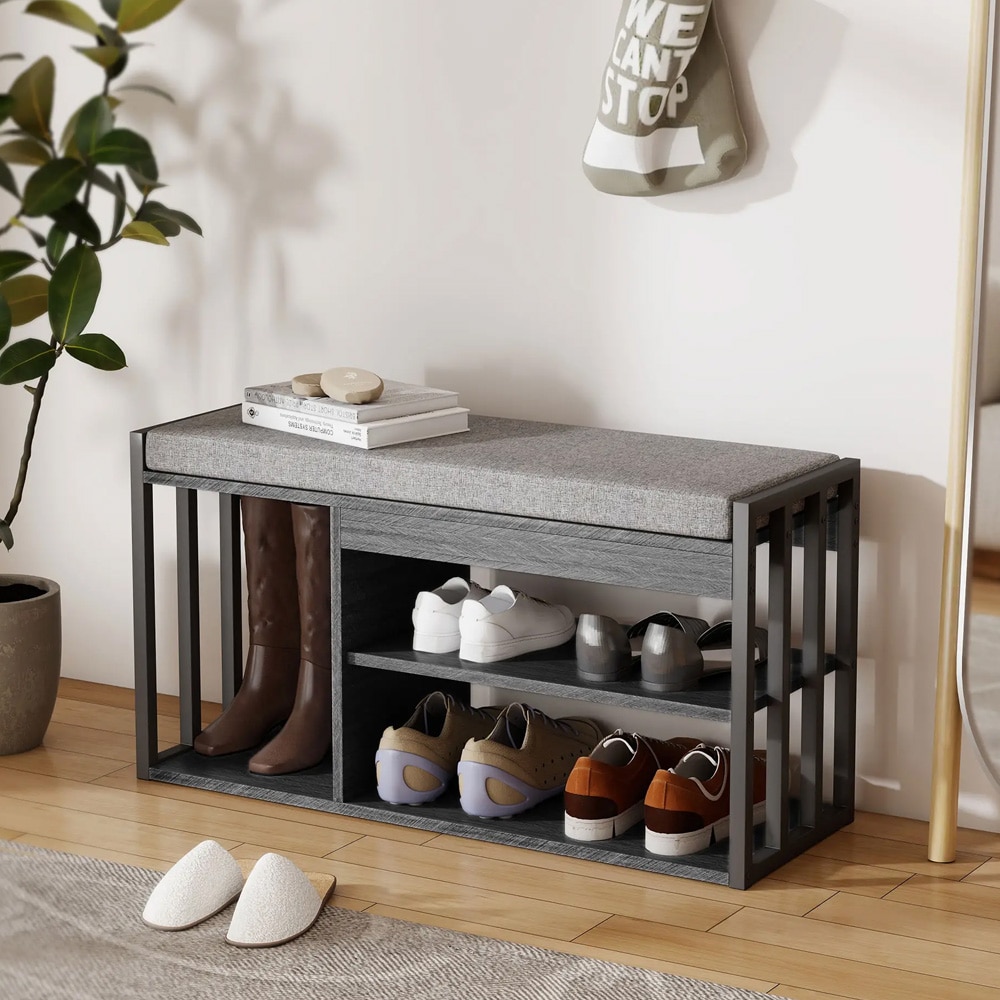 Skobänk med sits grå / skohylla med vadderad sittdyna / hallbänk med 3 nivåer för skor