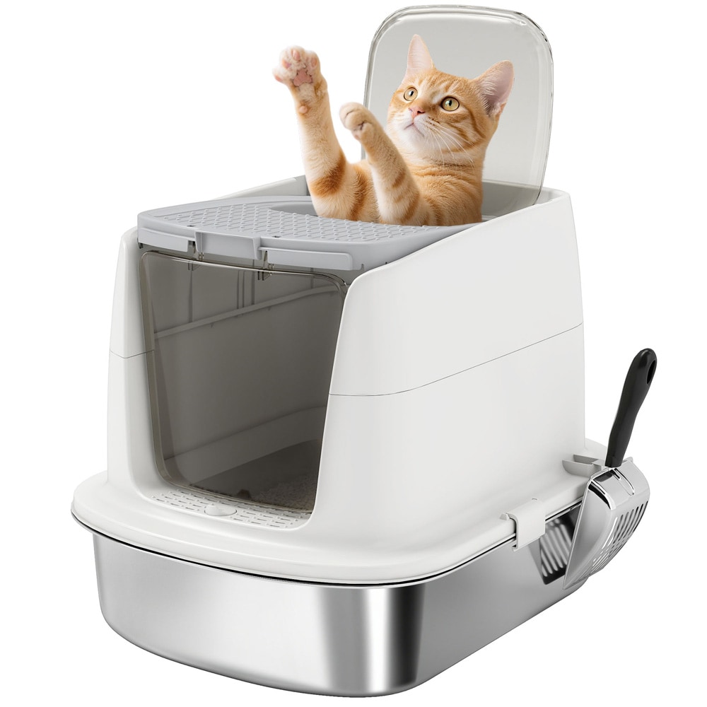 Sluten kattlåda i rostfritt stål / kattoalett med lock och öppning / hygienisk låda med skopa