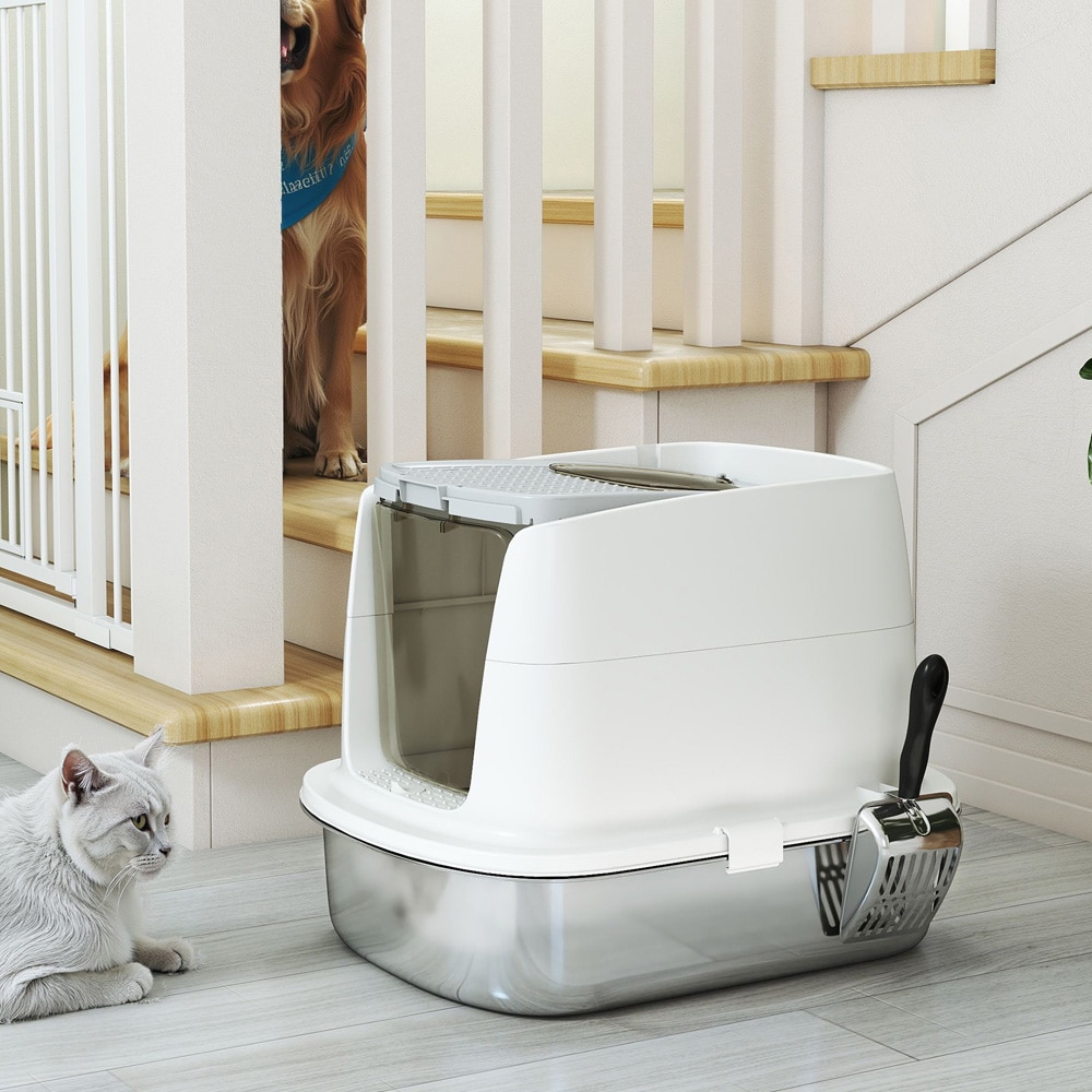 Sluten kattlåda i rostfritt stål / kattlåda med lock och ingång/utgång / hygienisk kattlåda med skopa