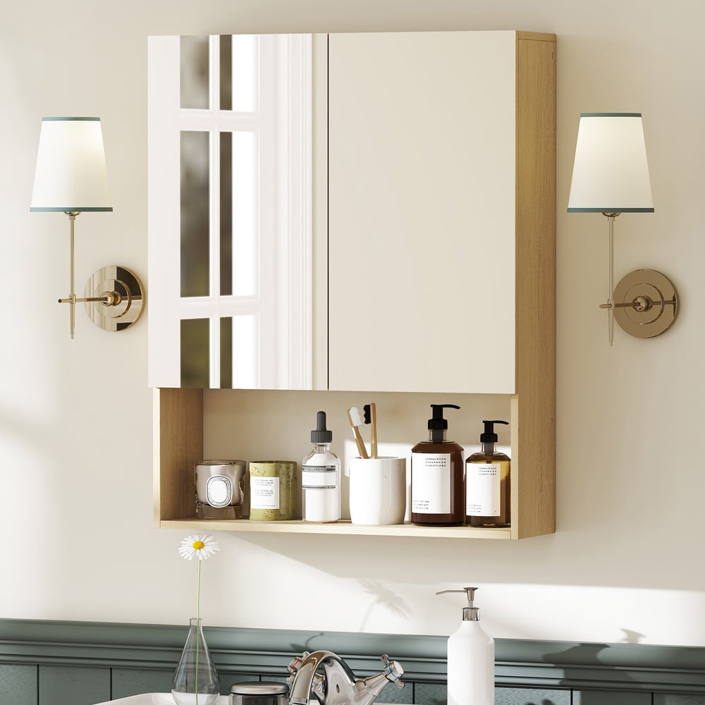 Väggmonterat spegelskåp 75x60 cm / badrumsskåp med spegeldörrar / badrumsskåp med hyllor och öppen förvaring
