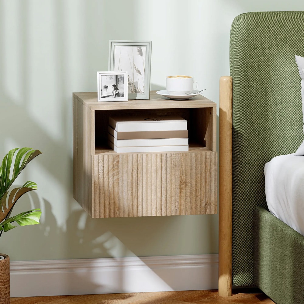 Väggmonterat nattduksbord med låda / svävande sängbord med förvaring / nattduksbord med hylla och låda