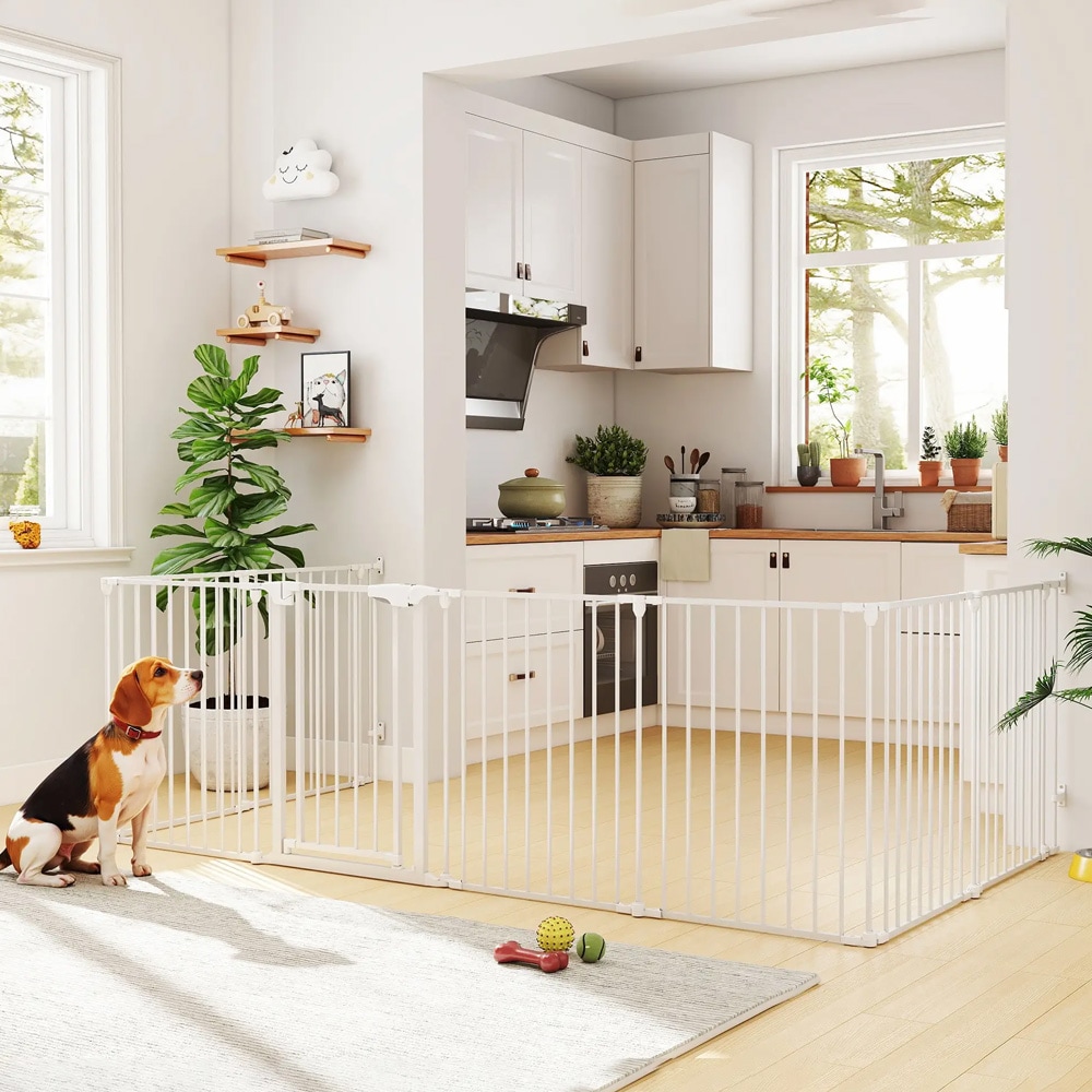 Husdjursstaket 8 paneler vit / hundgrind med dörr / vikbart hundstaket för små och medelstora hundar