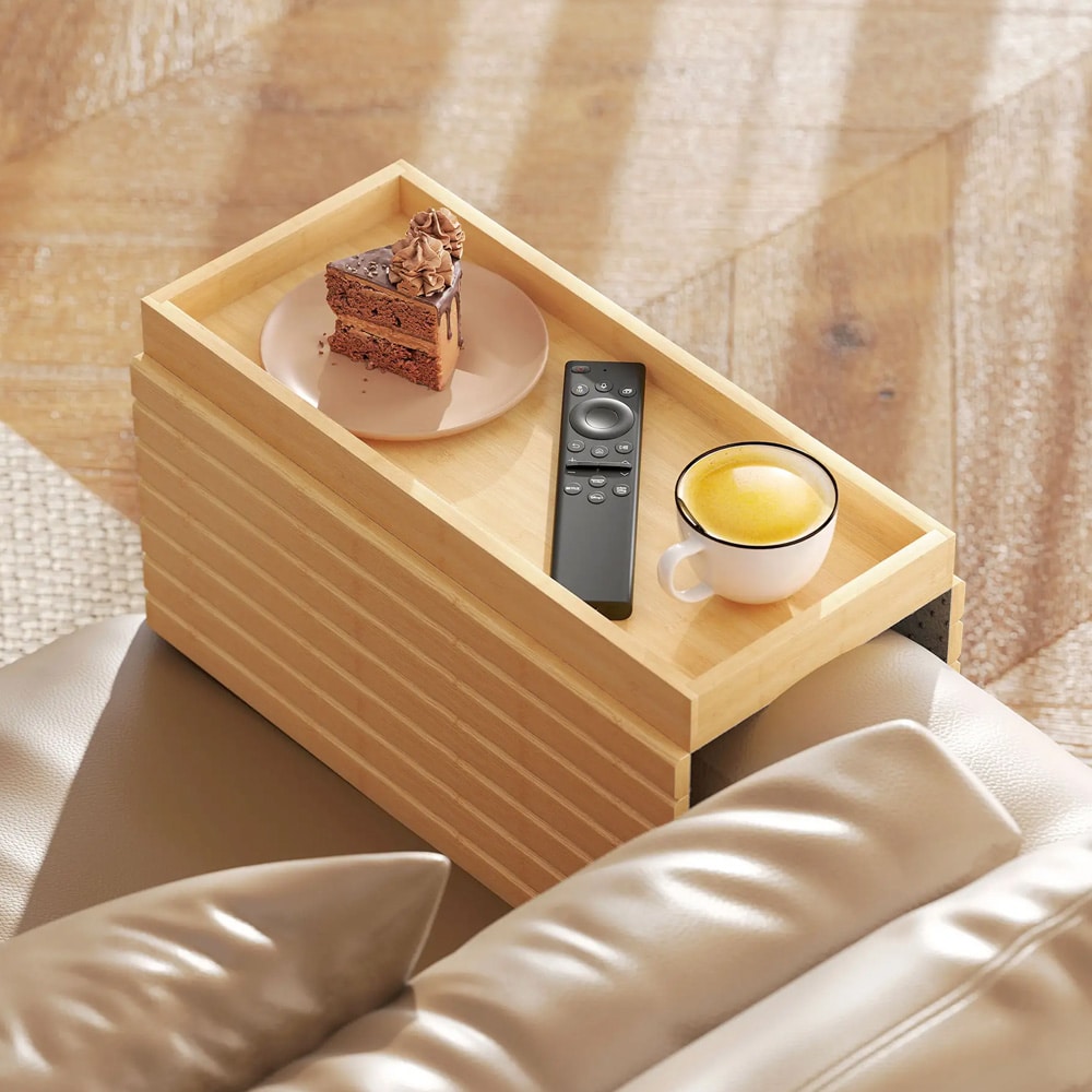 Armstödsbricka bambu för soffa / soffbricka för dryck och snacks / hoprullbar bricka med halkskydd