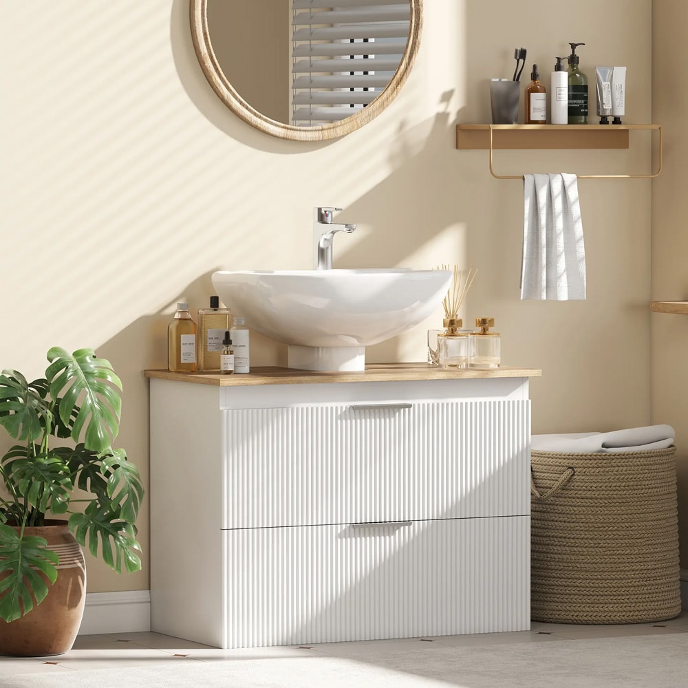 Tvättställsskåp med lådor – handfatsskåp / badrumsskåp / underskåp för handfat i vitt/natur