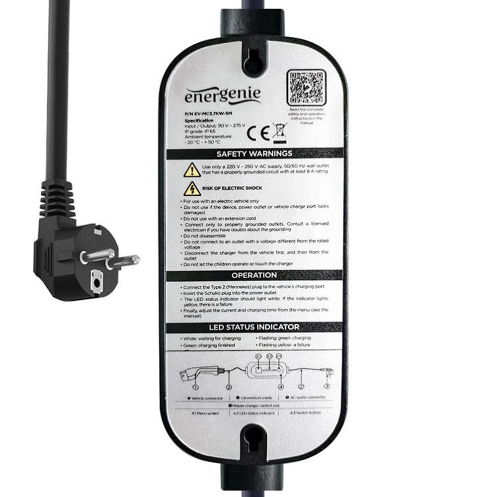 EV Latauskaapeli Schuko → Type 2, 10 m – Säädettävä 6–16A, 3,7 kW, LCD-näyttö, IP65